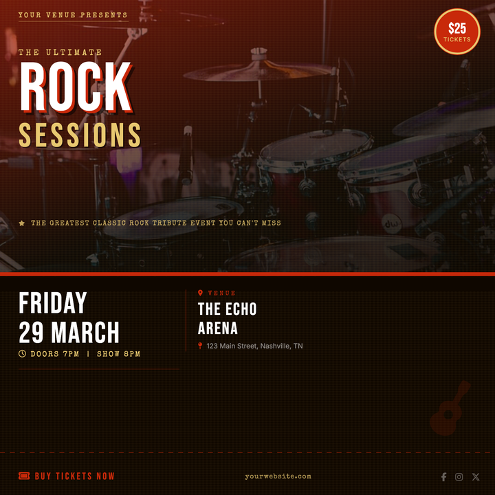 Built for tribute band nights and classic-rock cover events, this template pairs a 110px Bebas Neue headline with a gold secondary word over a darkened concert photo.