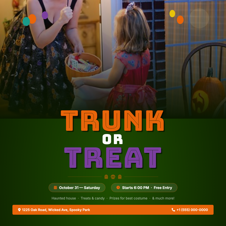 A photo-forward Halloween flyer built on a deep forest-green radial gradient that sets a moonlit, playful-spooky mood.