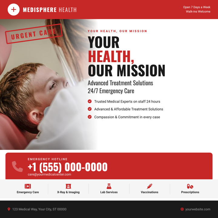 A bold split-panel layout with a full-bleed clinical photo that dissolves into a clean white copy block, keeping headlines and trust-point checklists crisp and readable.