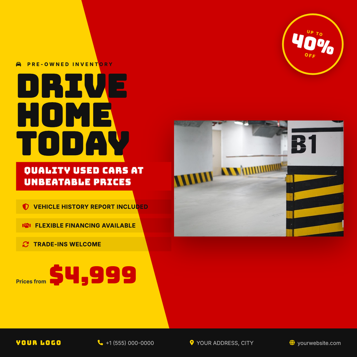 Built on a high-voltage yellow canvas split by a bold red diagonal slash, this template puts your discount stamp and price front and center in under two seconds.