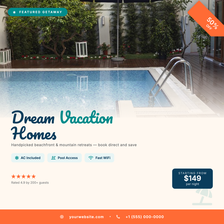 A sun-forward social-square layout built for short-term rentals, boutique B&Bs, and property-booking platforms.