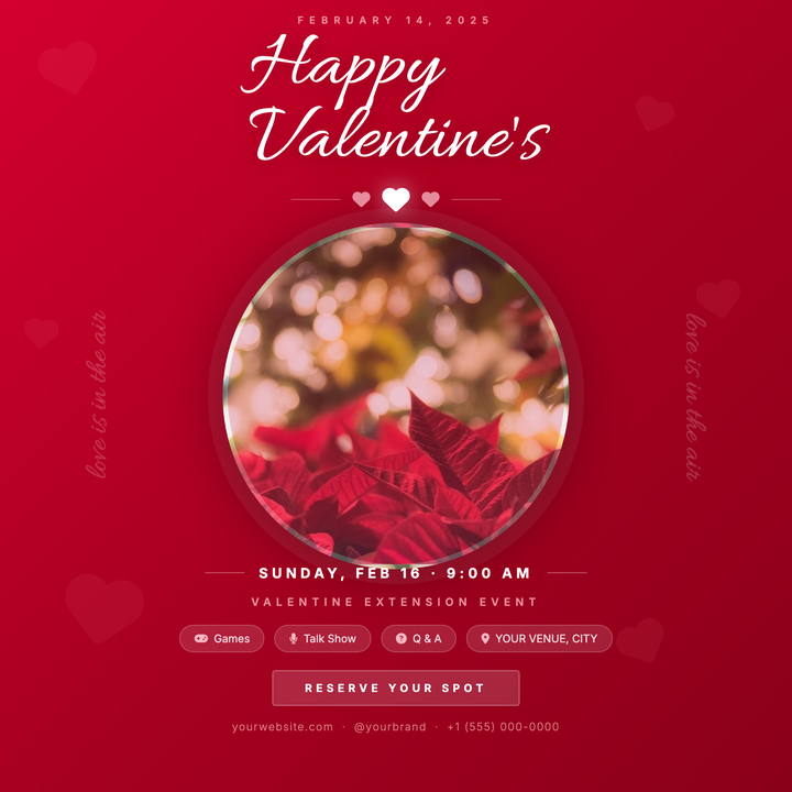 A rich crimson gradient flyer built around a circular portrait centerpiece, framed with a glowing white-border halo for an intimate, festive mood.