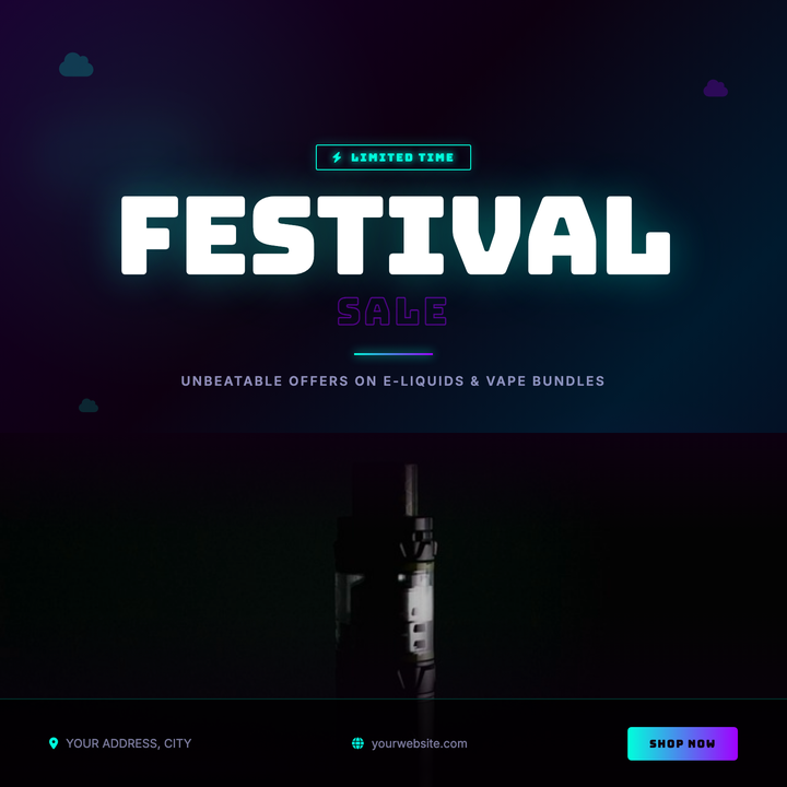 A dark, neon-charged layout built for vape shops and e-liquid retailers running limited-time drops or product launches.