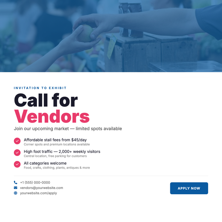Designed for farmers' markets, craft fairs, and pop-up events looking to attract stallholders.