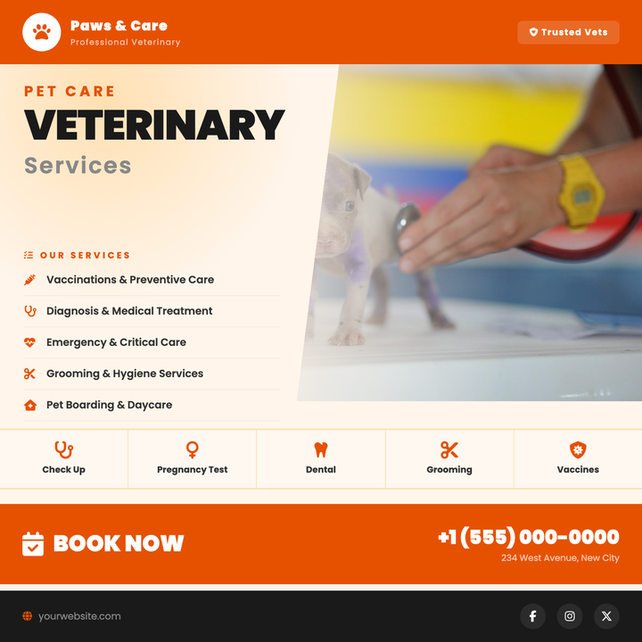 A warm cream-and-orange layout built for vet clinics, pet groomers, and animal hospitals.