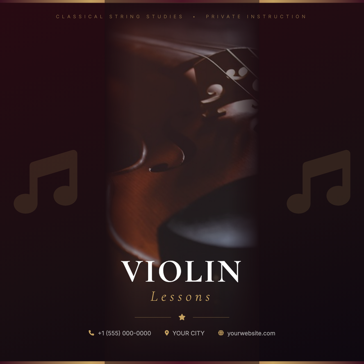 A richly theatrical flyer built on a deep maroon-to-near-black gradient, gilded top-and-bottom border ribbons, and a full-height violin photo softly dissolved into the dark background.