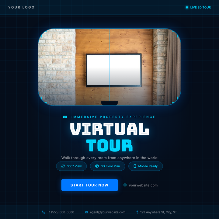 Built on a deep-navy canvas with a perspective grid and cyan scan-corner chrome, this template frames a VR headset viewport as the hero image.