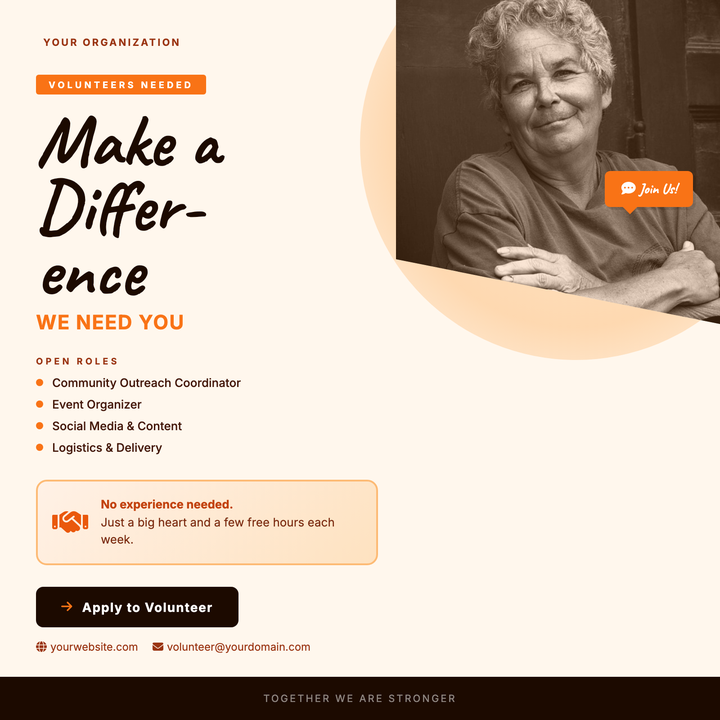 A warm cream-and-orange layout built for nonprofits, food banks, and civic groups looking to draw in community volunteers.