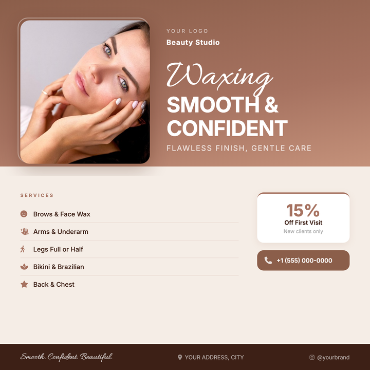 A warm terracotta-to-cream layout built for waxing studios, brow bars, and small salons running new-client promotions.