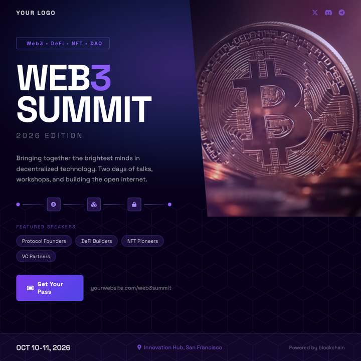 Built for crypto conferences, DeFi launches, and NFT drops, this template pairs a deep indigo base with a neon-purple accent system and diagonal photo clip for a futuristic, high-energy look.
