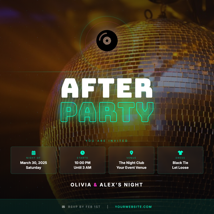A dark, club-ready flyer built on a near-black background with a full-bleed disco photo and neon scrim.