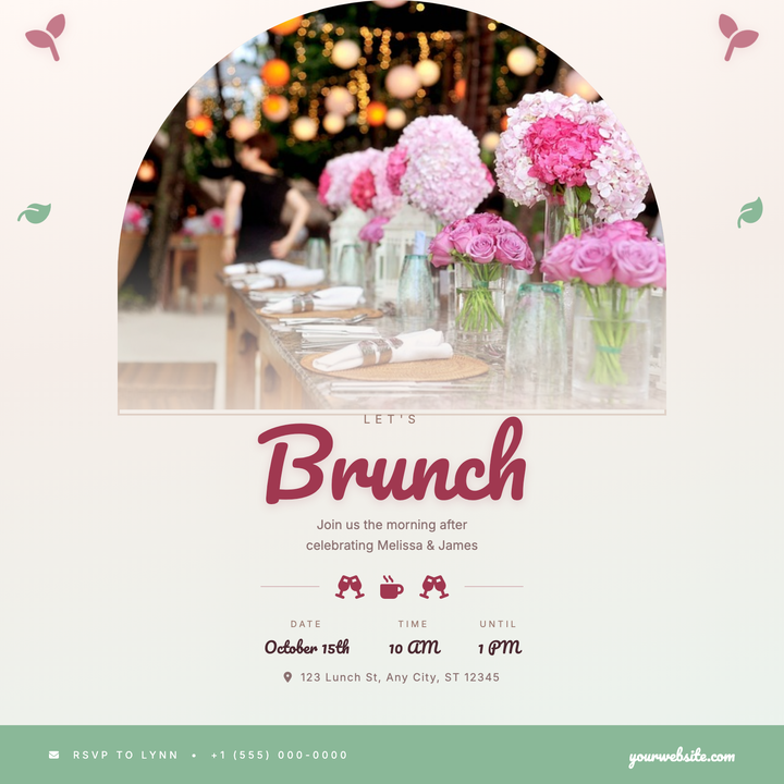 An arch-cropped hero photo anchors this warm, romantic flyer, framed by botanical corner accents in dusty rose and sage.