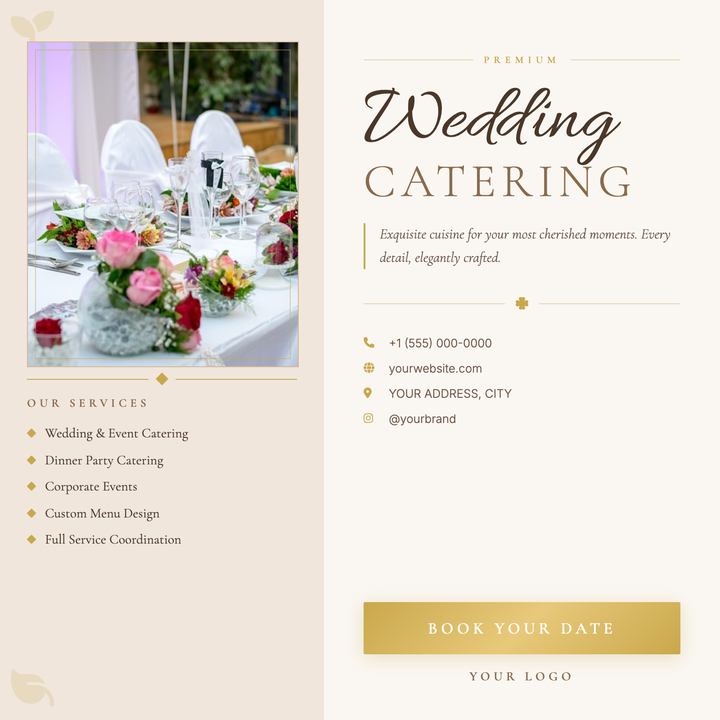 A split-panel layout in soft blush and warm ivory, anchored by a gold-framed photo rect and Allura script headline paired with Cormorant Garamond small-caps.