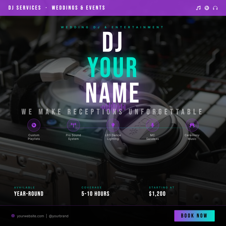 A bold, concert-poster-style flyer built for wedding DJs and reception entertainment packages.