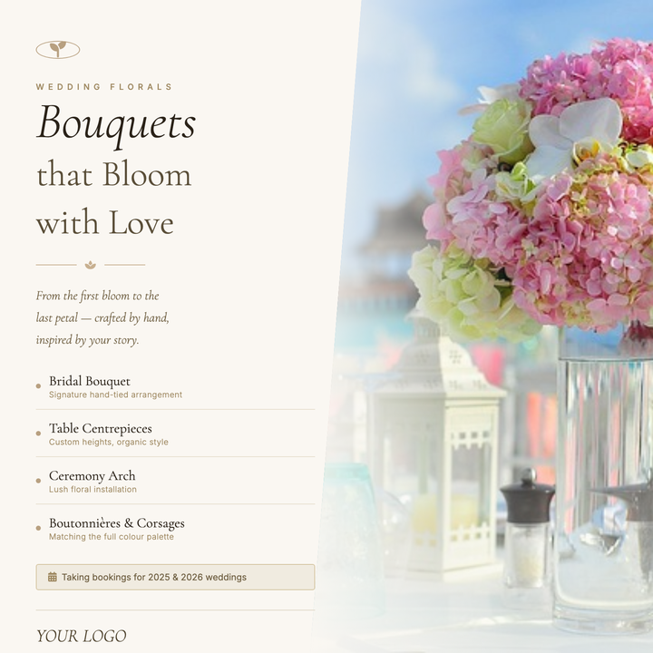 A warm parchment-toned square layout with a diagonal photo split and italic Cormorant Garamond headline β built for boutique floral studios announcing seasonal bookings or promoting studio services.