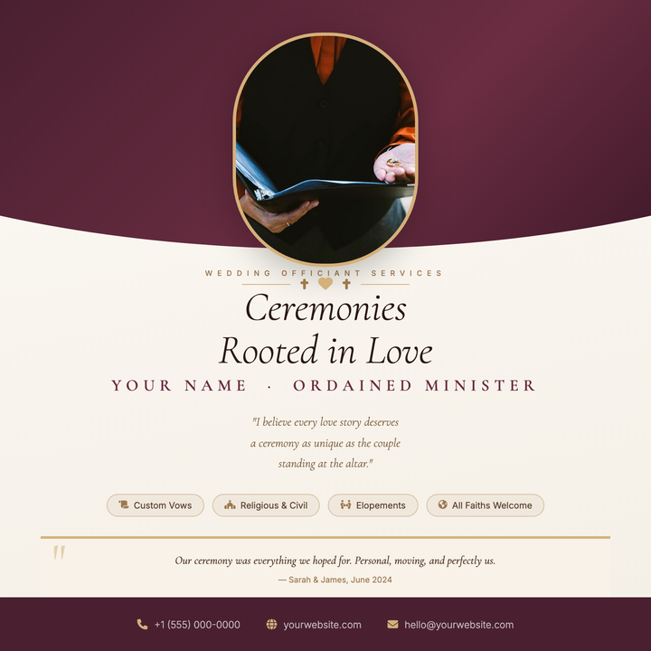 A warm parchment-toned flyer built for solo officiants and ordained celebrants.