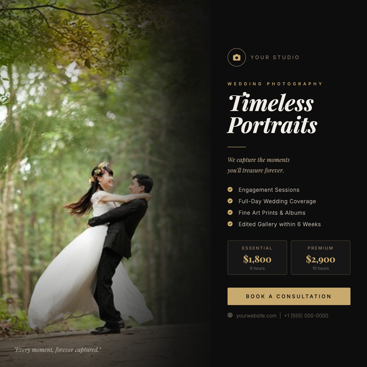 A moody, editorial layout split between a full-bleed cinematic photo and a near-black right panel with warm gold accents.