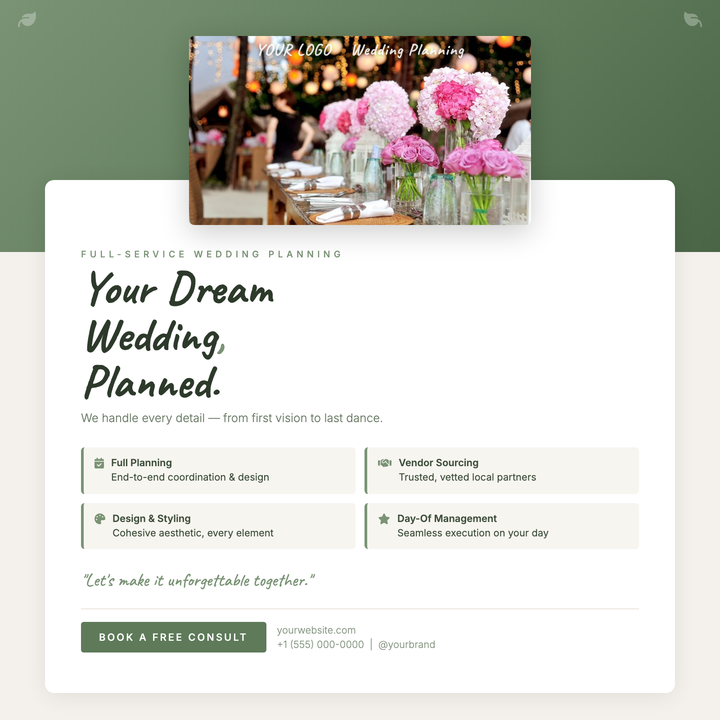 A sage-green botanical social square layered with a lifted photo frame, Caveat handwritten accents, and an Inter-driven services grid.