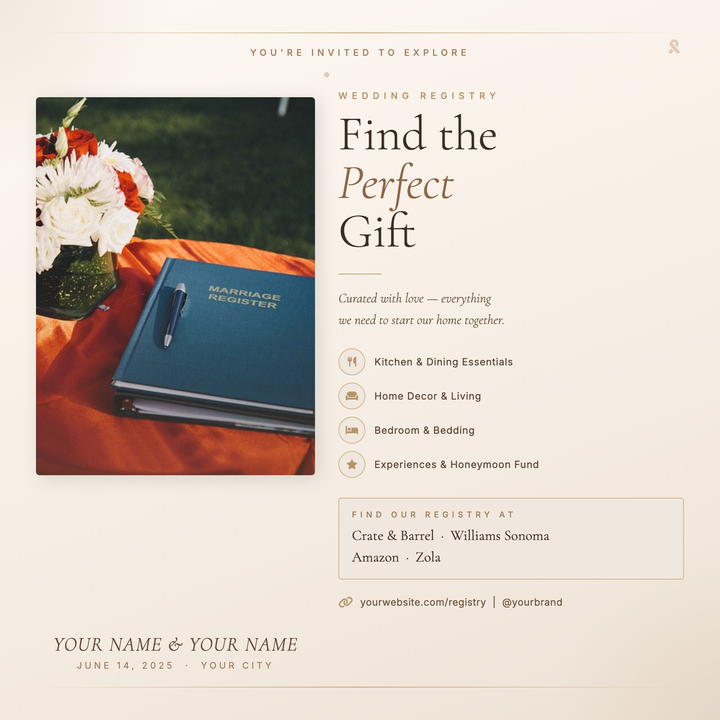A warm blush-and-gold layout built for couples sharing their registry with guests.