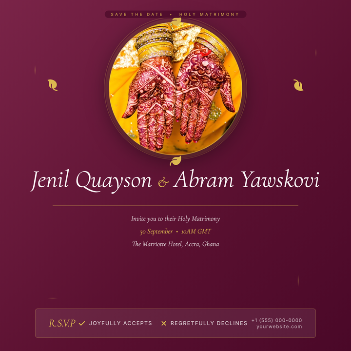 A luxe, plum-and-gold social tile built around a circular couple's portrait, italic Cormorant Garamond names flanking an antique gold ampersand, and a frosted-glass RSVP panel at the base.