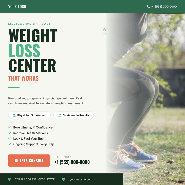 A split-panel layout pairs bold Oswald headlines in deep forest green with a full-height lifestyle photo, blended seamlessly via a soft sage-white scrim.