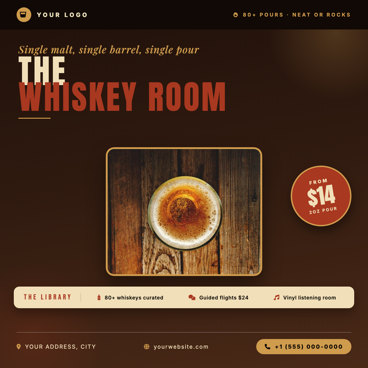 A moody, wood-dark square flyer built for upscale spirits nights and bourbon tastings.