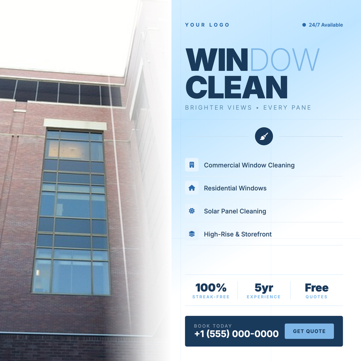 A split-panel layout blends a full-bleed window-cleaning photo into an airy sky-blue background via a squeegee-wipe fade effect.