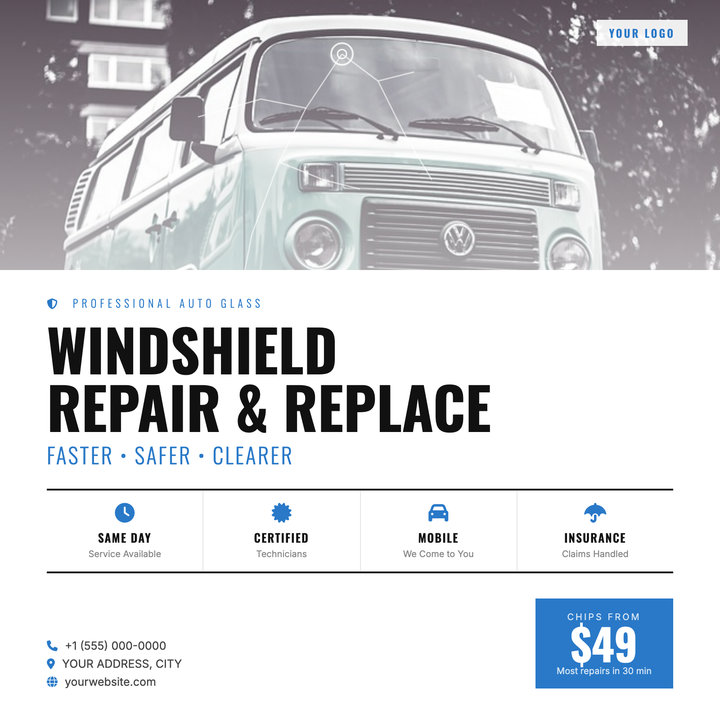 Built for mobile auto glass operators and dealership service departments, this template leads with a full-bleed vehicle photo and a signature SVG fracture overlay that instantly signals the service.