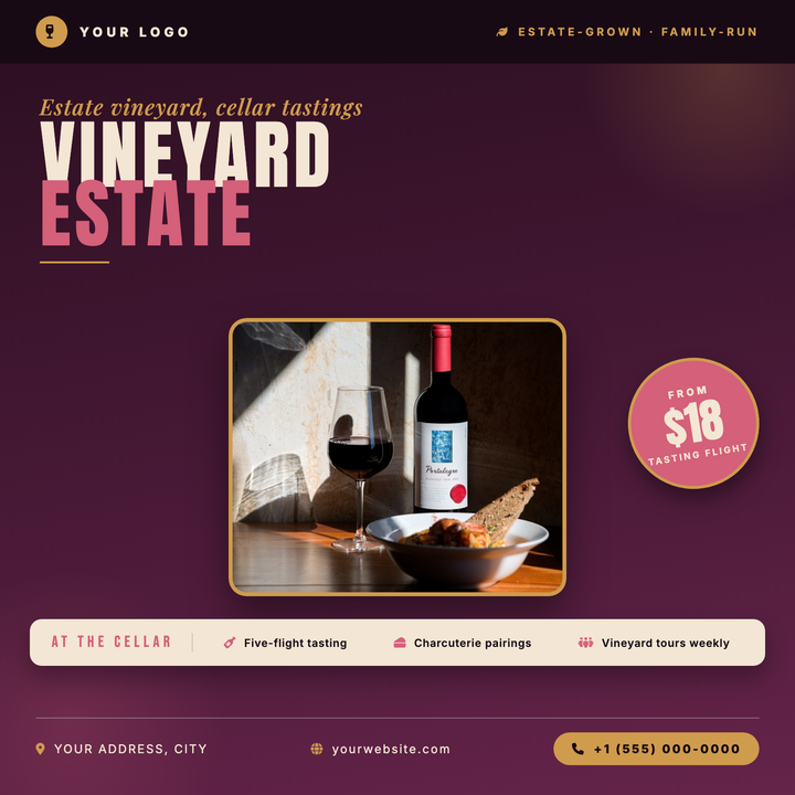 A two-band layout pairs a full-bleed hero photo with a warm antique-cream lower zone, tied together by antique-gold accents and deep garnet footer.