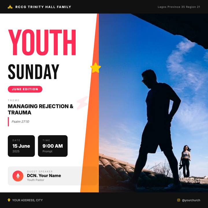 A split-panel square flyer built for church youth ministry events like Youth Sunday or themed outreach nights.