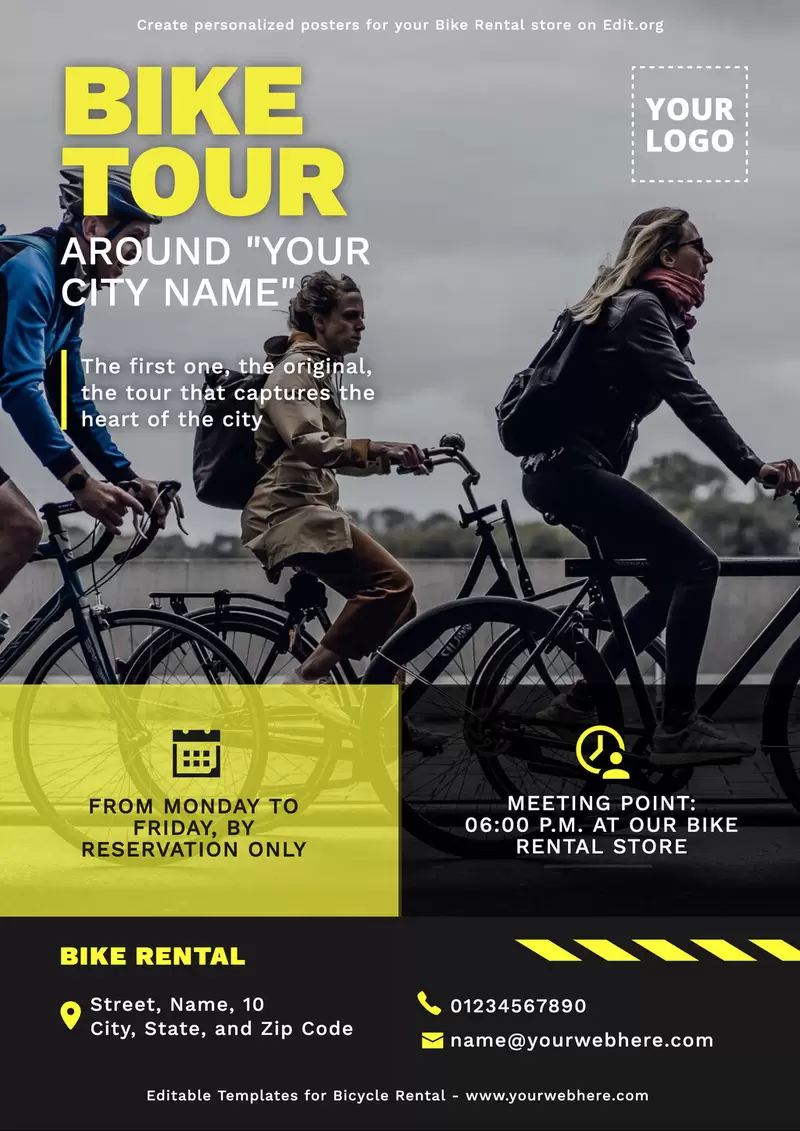 Scenic cycling templates featuring route maps and safety gear to promote guided tours and rental shops.