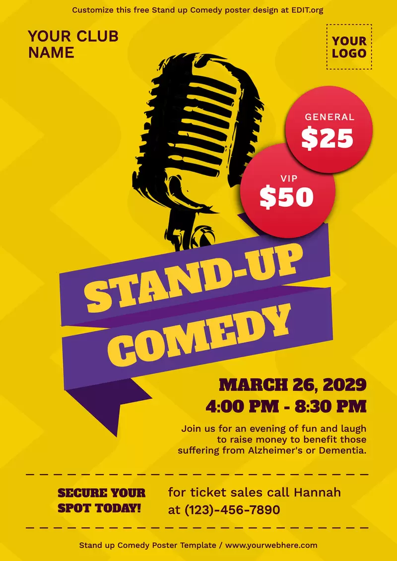 Hilarious comedy templates featuring performer caricatures and punchline callouts to sell tickets for stand-up nights and improv shows.