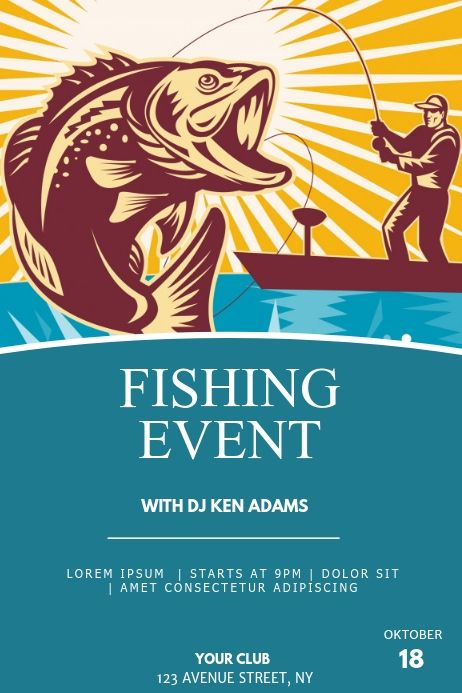 Outdoor adventure templates featuring trophy fish visuals and lake maps to promote angler competitions and marine events.