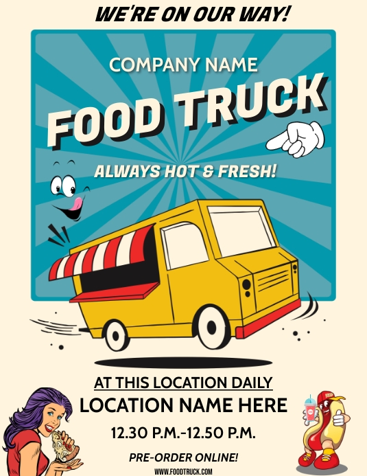 Mobile cuisine templates featuring menu boards and location schedules to promote gourmet trucks and pod events.
