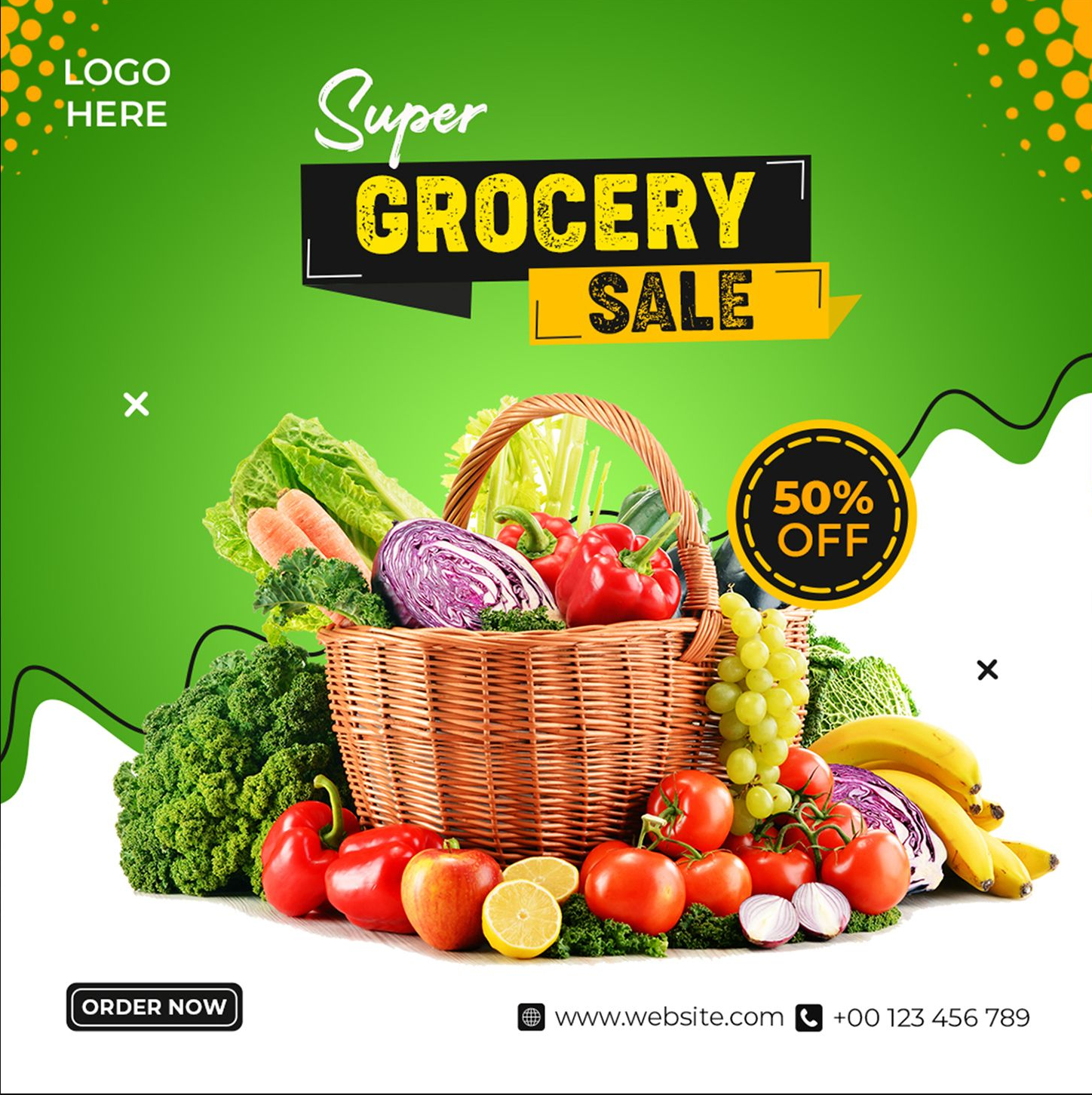 Appetizing supermarket templates featuring produce close-ups and price badges to promote weekly specials and food discounts.