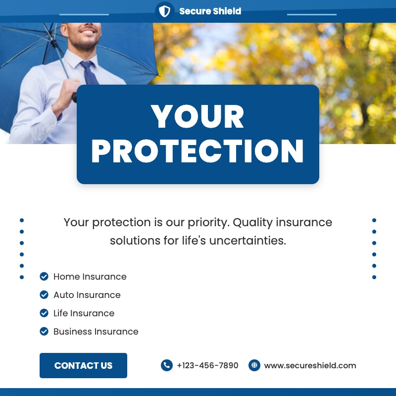 Trust-building financial templates featuring shield icons and family visuals to promote coverage plans and protection services.