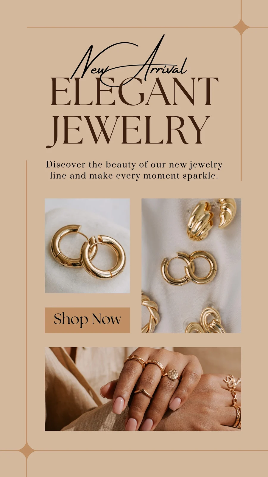 Handcrafted accessory templates featuring material close-ups and finished piece shots to promote Jewery store product sales.