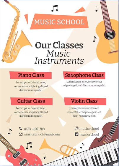 Harmonious instructional templates featuring instrument close-ups and musical notes to promote voice coaches and music teachers.