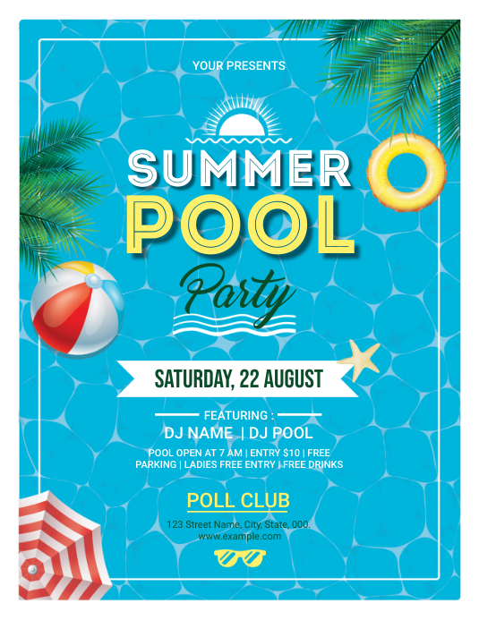 Splashy summer templates featuring floatie close-ups and sunscreen reminders to promote aquatic events and swim clubs.
