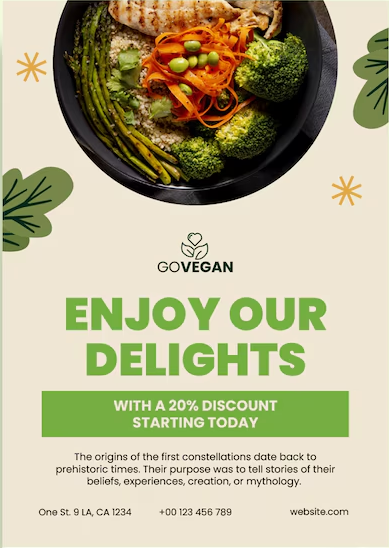 Plant-based culinary templates featuring colorful bowl shots and ingredient callouts to promote vegan restaurants and juice bars.